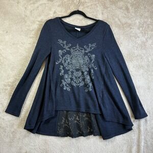 Womens Harley Davidson Sz‎ M Sweater Tunic Blue Sheer Embellished Lace EUC